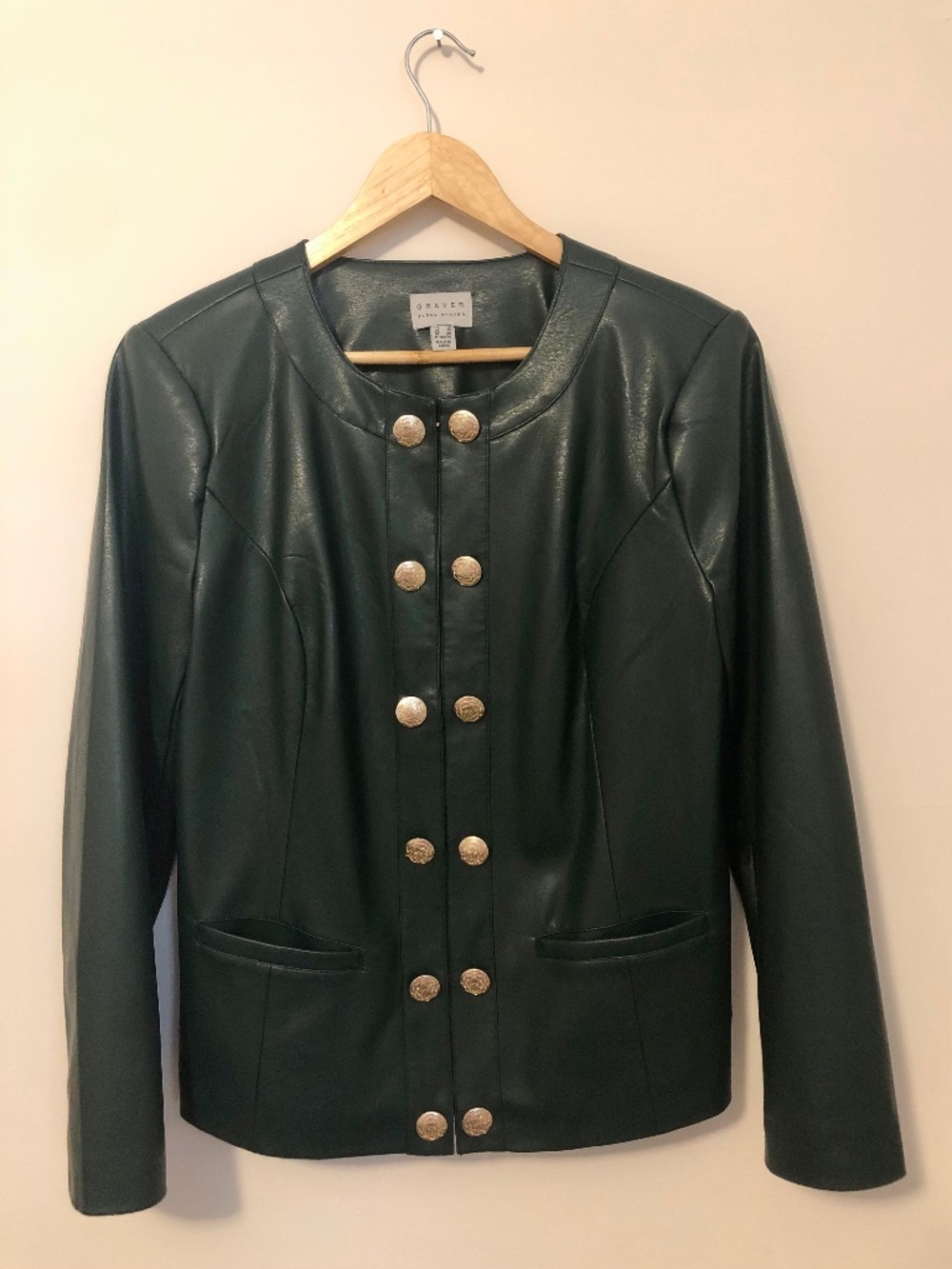 Susan Graver Green Faux Leather Gold Button Military Style Jacket -US 8 Medium